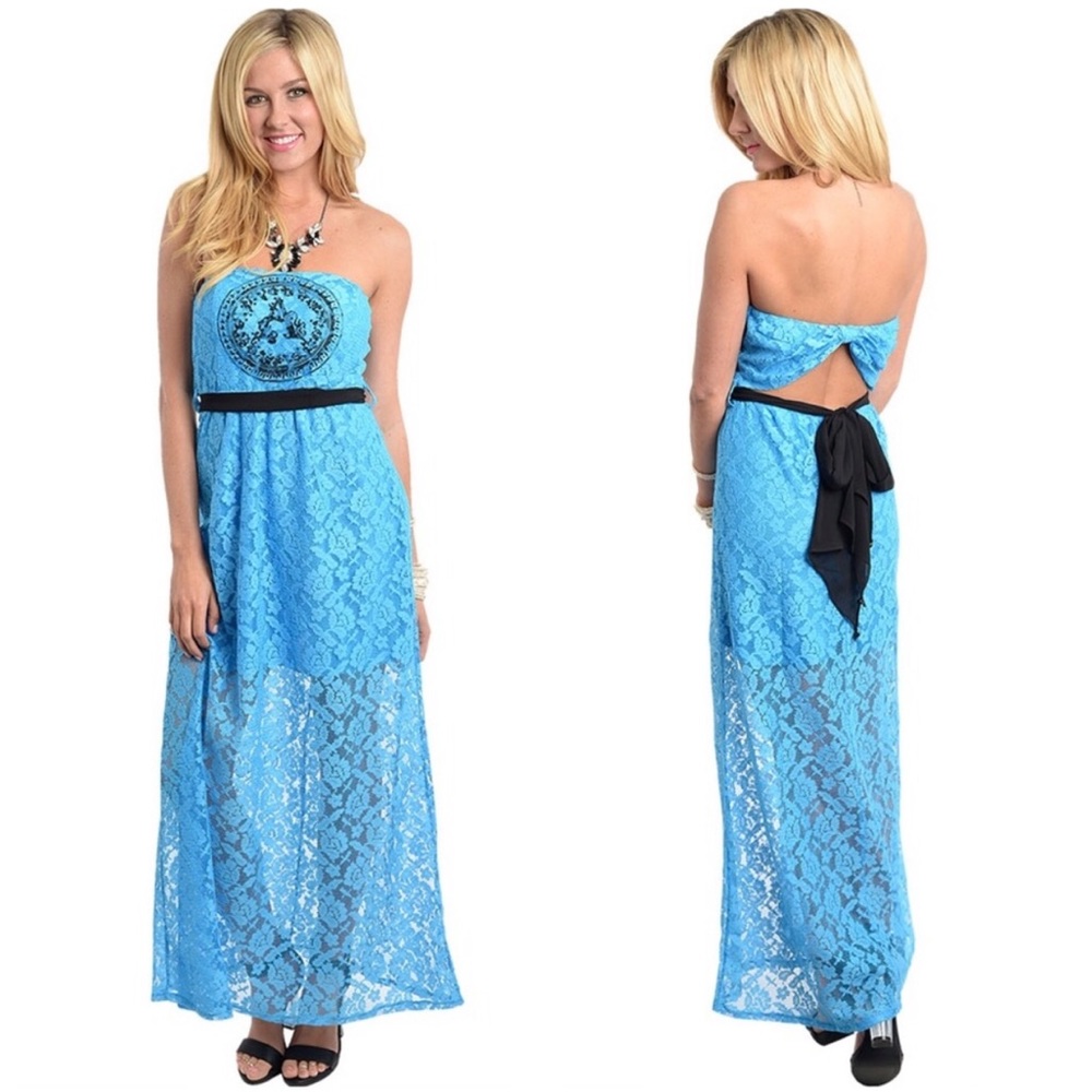 NWT Blue Lace Long Maxi Dress Back Tie Bow Sexy
